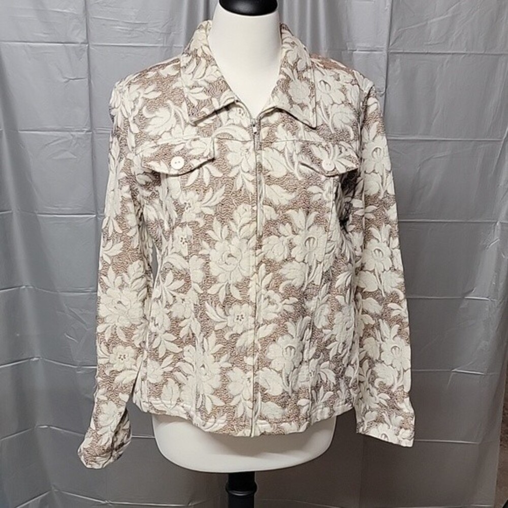Vintage Analogy Zip Tapestry Jacket Sz L Floral Beige White Pockets Grannycore